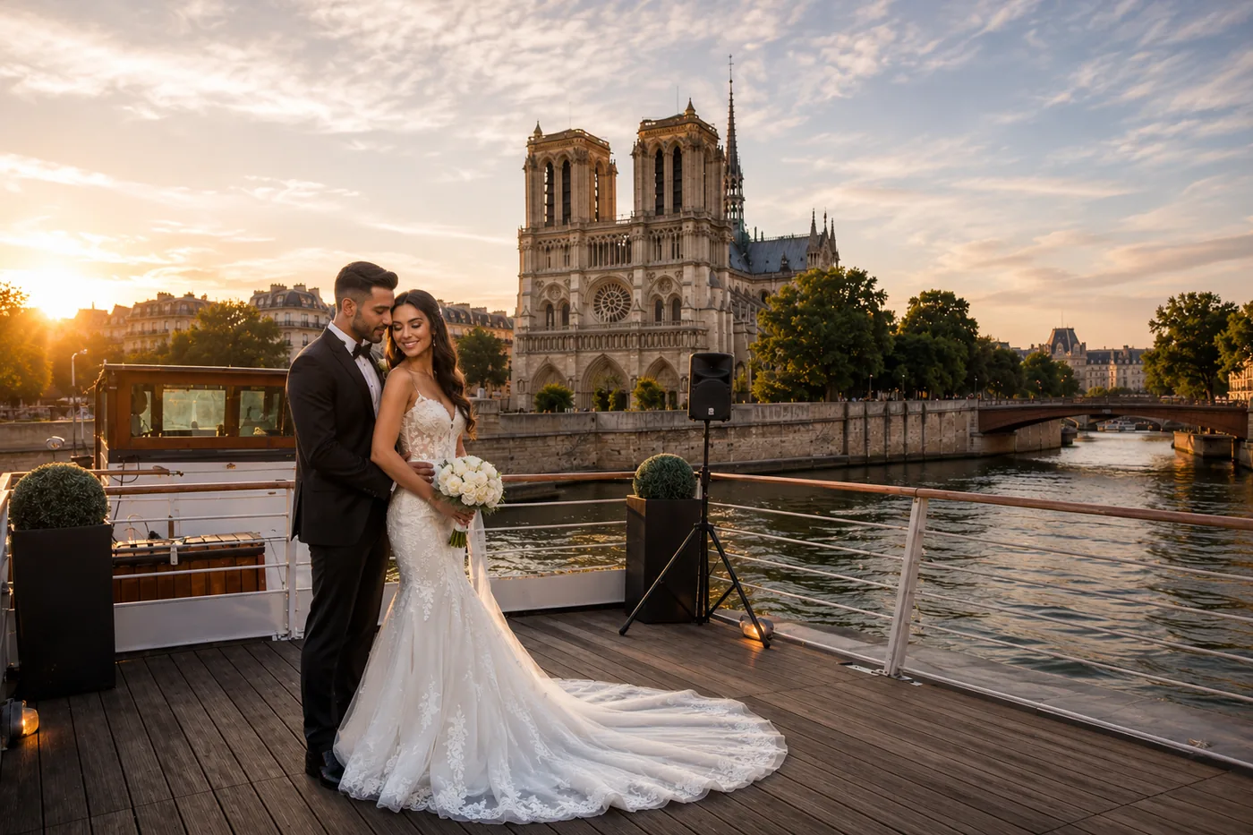 Mariage romantique sur bateau privatisé à Paris face Notre-Dame coucher de soleil